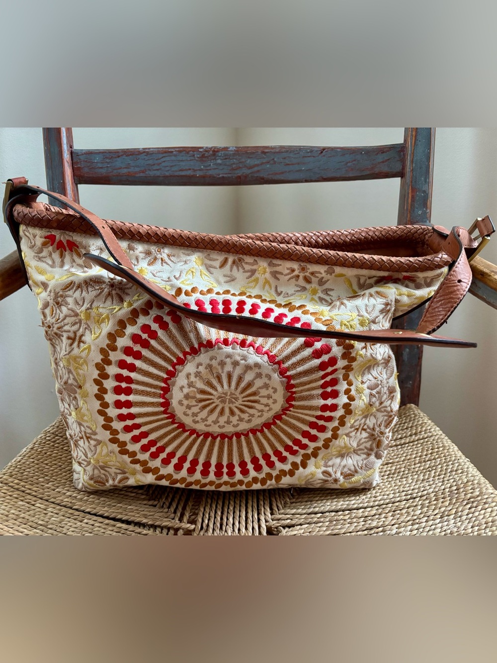Cole Haan embroidery with leather accents vintage tote beach purse bag EUC